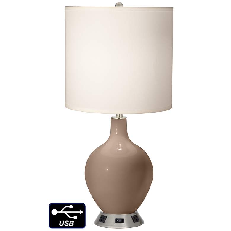 Image 1 White Drum Table Lamp - 2 Outlets and USB in Mocha