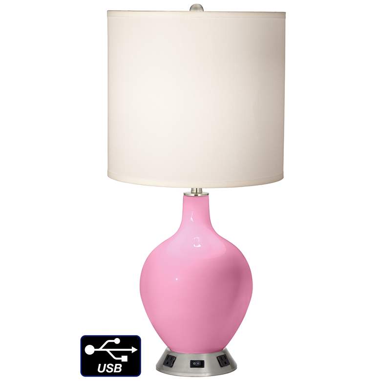 Image 1 White Drum Table Lamp - 2 Outlets and USB in Pale Pink