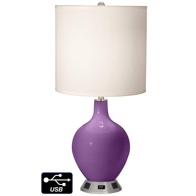 Image 1 White Drum Table Lamp - 2 Outlets and USB in Passionate Purple