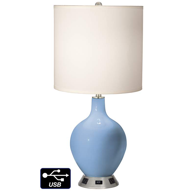 Image 1 White Drum Table Lamp - 2 Outlets and USB in Placid Blue