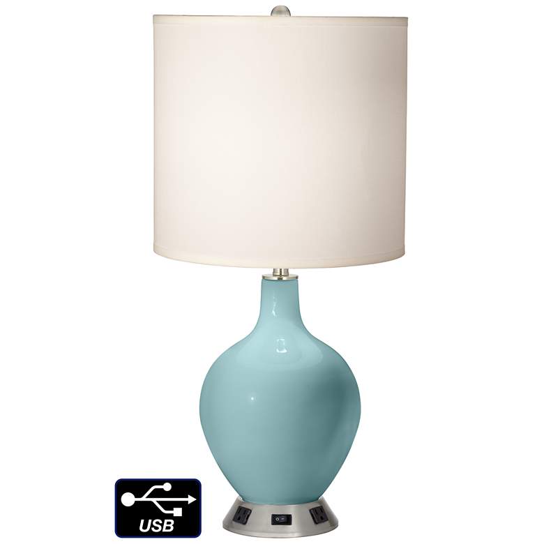Image 1 White Drum Table Lamp - 2 Outlets and USB in Raindrop
