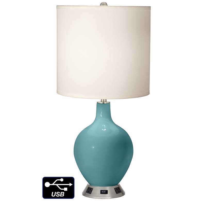 Image 1 White Drum Table Lamp - 2 Outlets and USB in Reflecting Pool