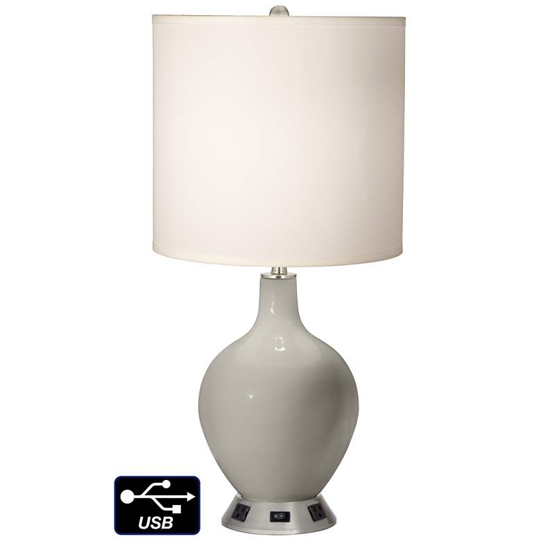 Image 1 White Drum Table Lamp - 2 Outlets and USB in Requisite Gray