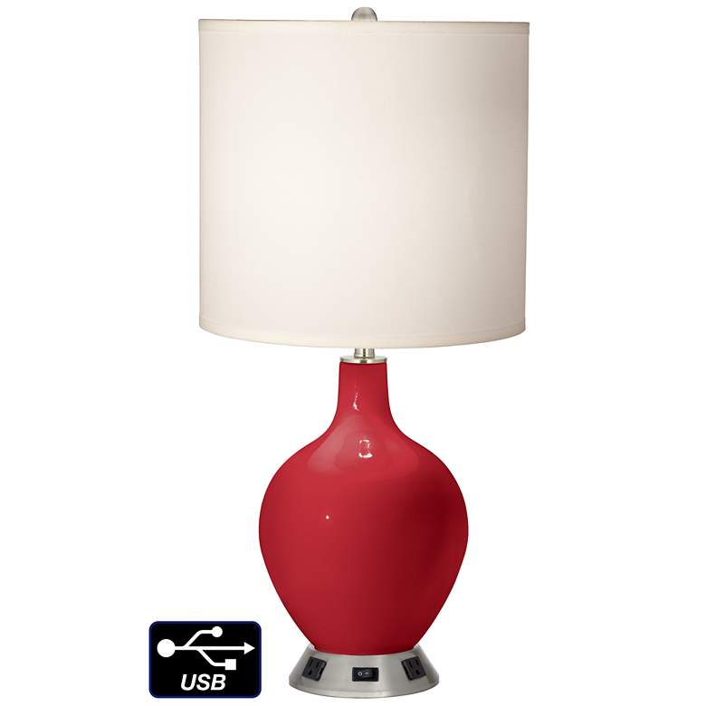 Image 1 White Drum Table Lamp - 2 Outlets and USB in Ribbon Red