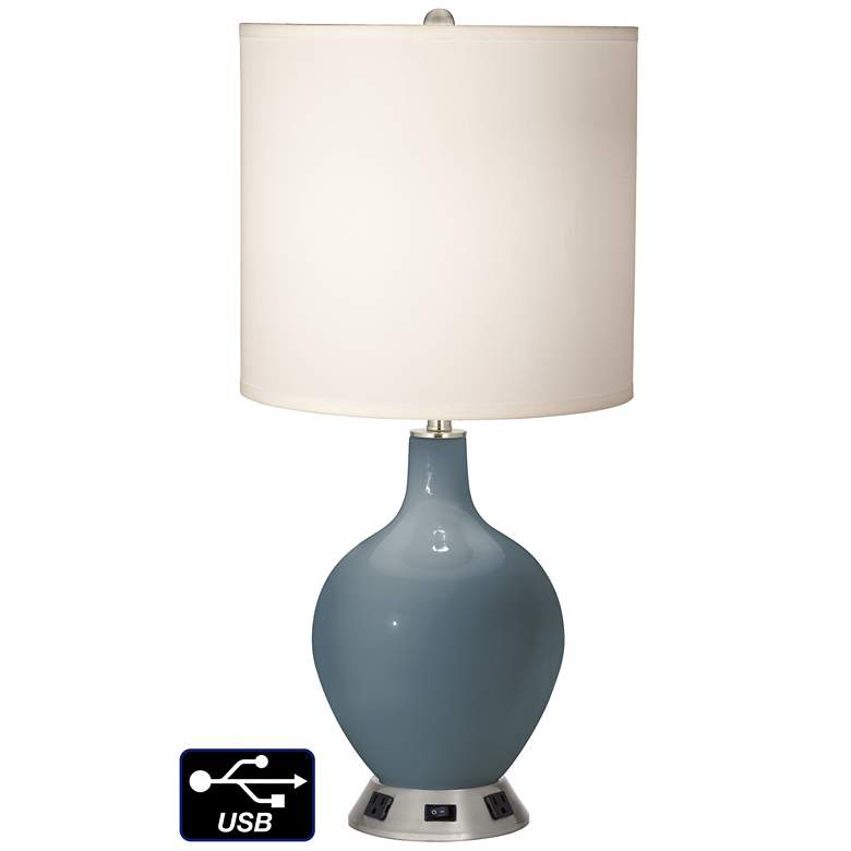 Image 1 White Drum Table Lamp - 2 Outlets and USB in Smoky Blue