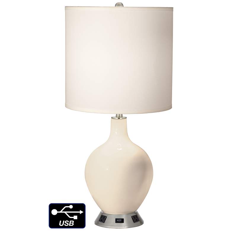 Image 1 White Drum Table Lamp - 2 Outlets and USB in Steamed Milk