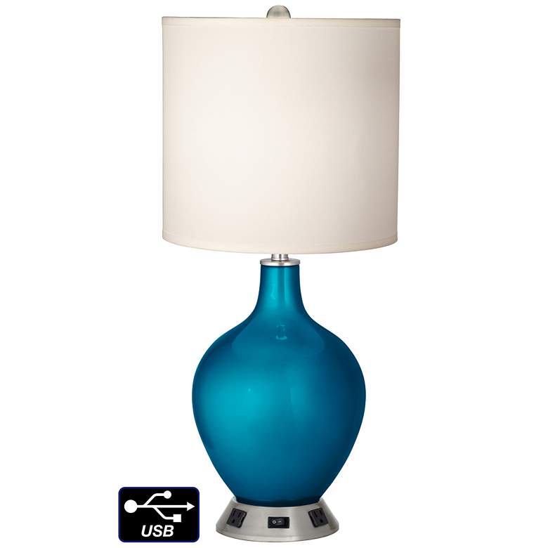 Image 1 White Drum Table Lamp - 2 Outlets and USB in Turquoise Metallic