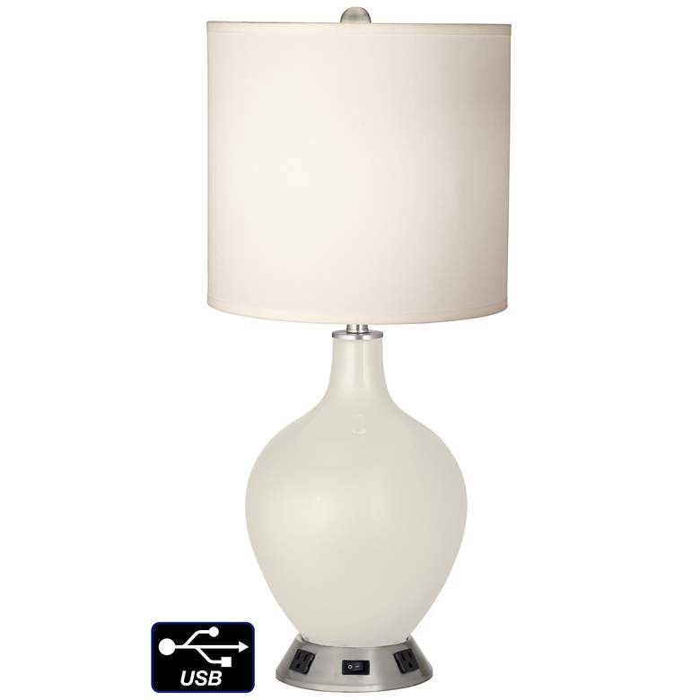 Image 1 White Drum Table Lamp - 2 Outlets and USB in Vanilla Metallic