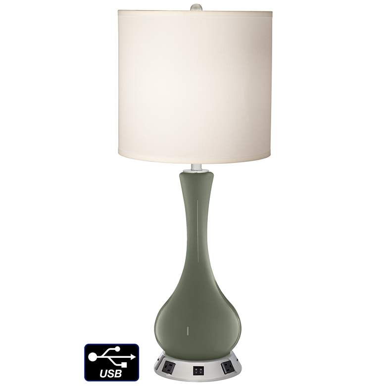 Image 1 White Drum Vase Lamp - 2 Outlets and 2 USBs in Deep Lichen Green