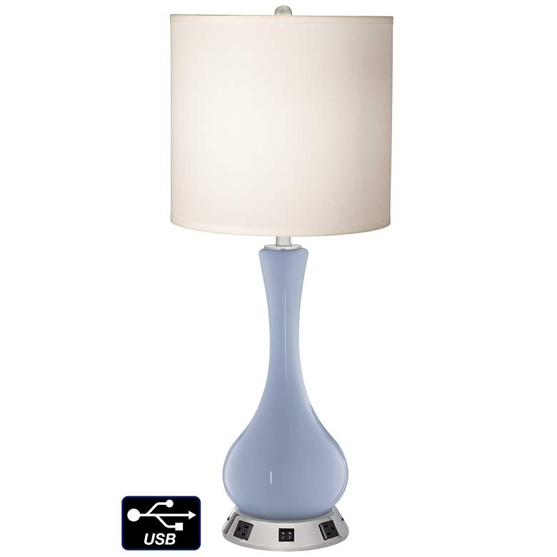 Image 1 White Drum Vase Table Lamp - 2 Outlets and 2 USBs in Blue Sky