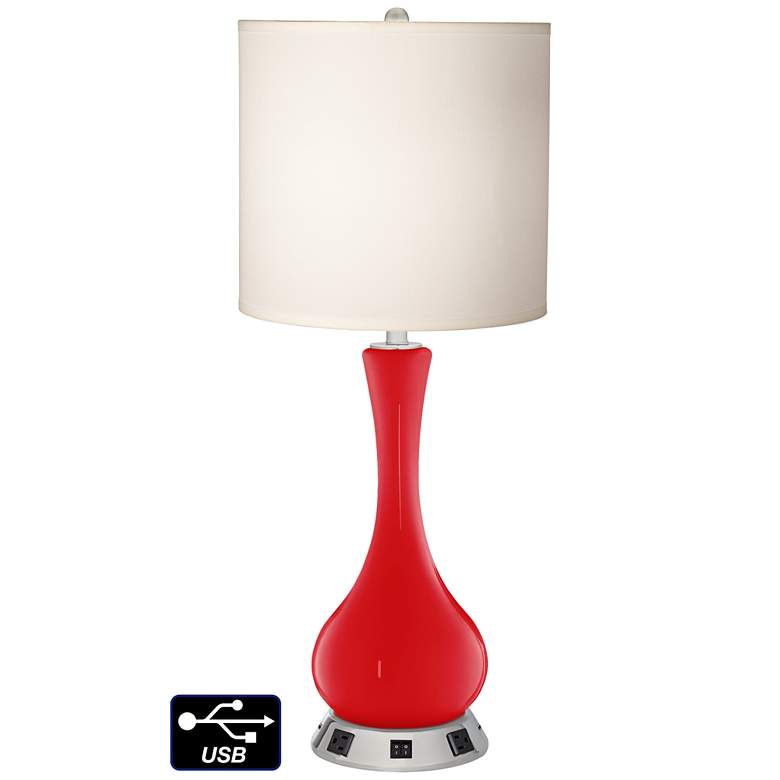 Image 1 White Drum Vase Table Lamp - 2 Outlets and 2 USBs in Bright Red