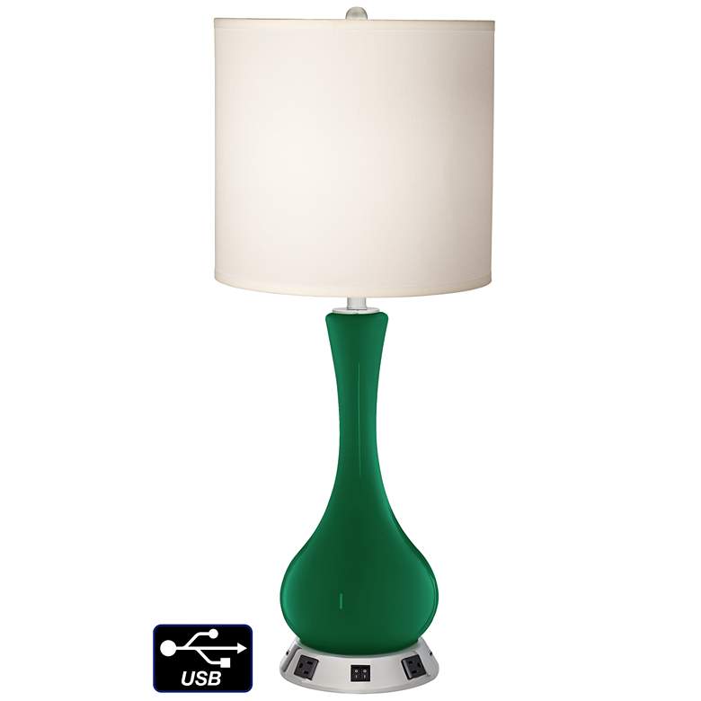 Image 1 White Drum Vase Table Lamp - 2 Outlets and 2 USBs in Greens