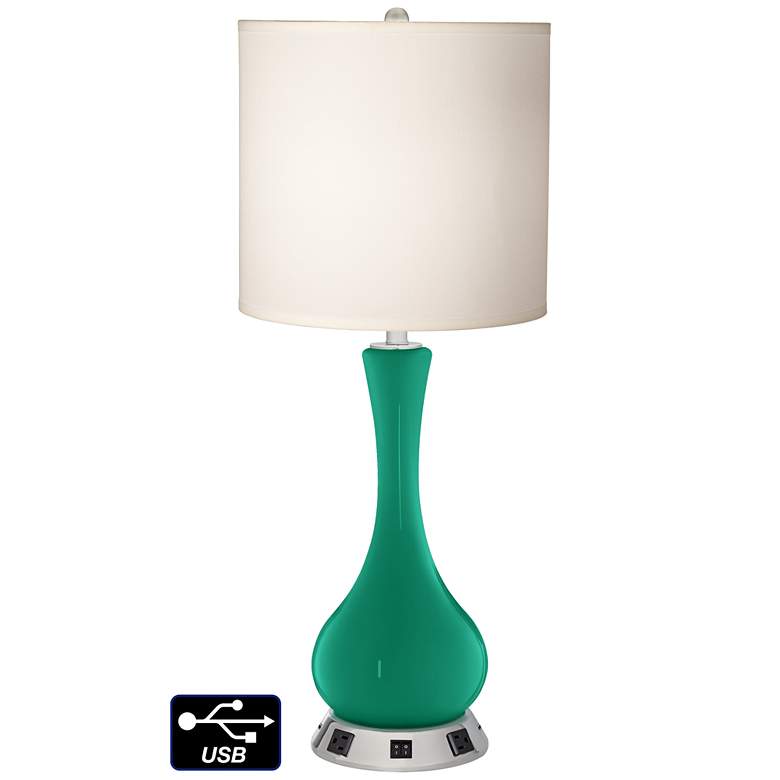 Image 1 White Drum Vase Table Lamp - 2 Outlets and 2 USBs in Leaf