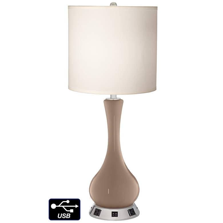 Image 1 White Drum Vase Table Lamp - 2 Outlets and 2 USBs in Mocha
