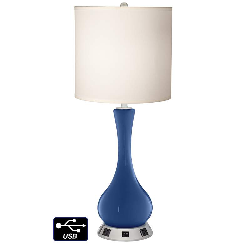Image 1 White Drum Vase Table Lamp - 2 Outlets and 2 USBs in Monaco Blue