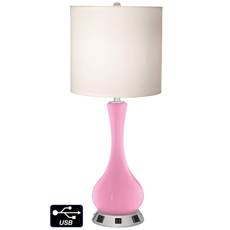 Image 1 White Drum Vase Table Lamp - 2 Outlets and 2 USBs in Pale Pink