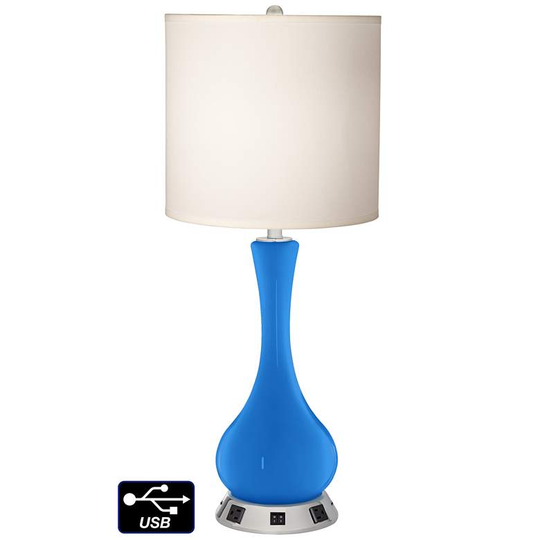 Image 1 White Drum Vase Table Lamp - 2 Outlets and 2 USBs in Royal Blue