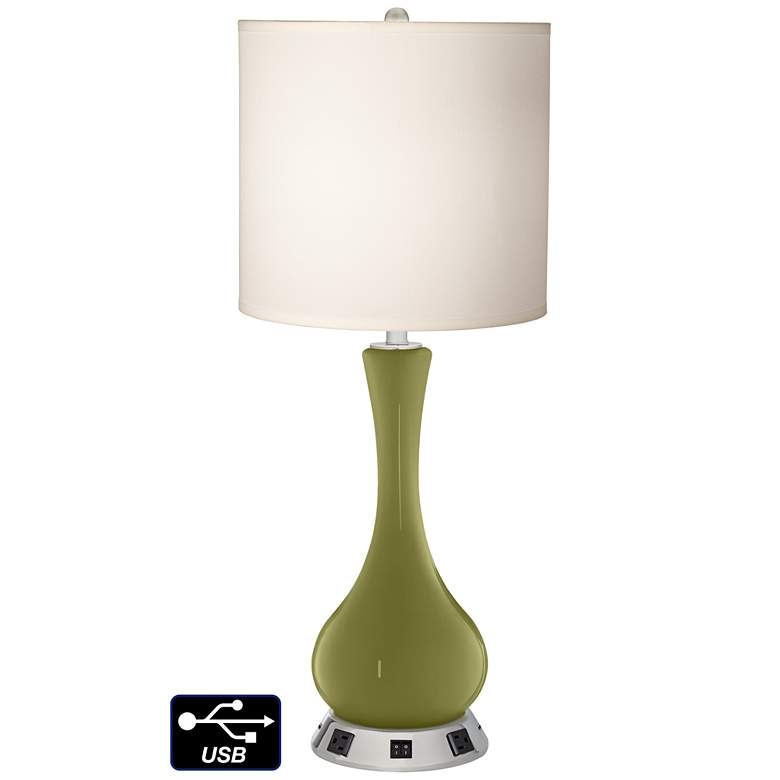 Image 1 White Drum Vase Table Lamp - 2 Outlets and 2 USBs in Rural Green