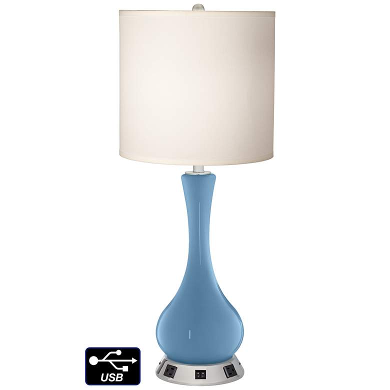 Image 1 White Drum Vase Table Lamp - 2 Outlets and 2 USBs in Secure Blue