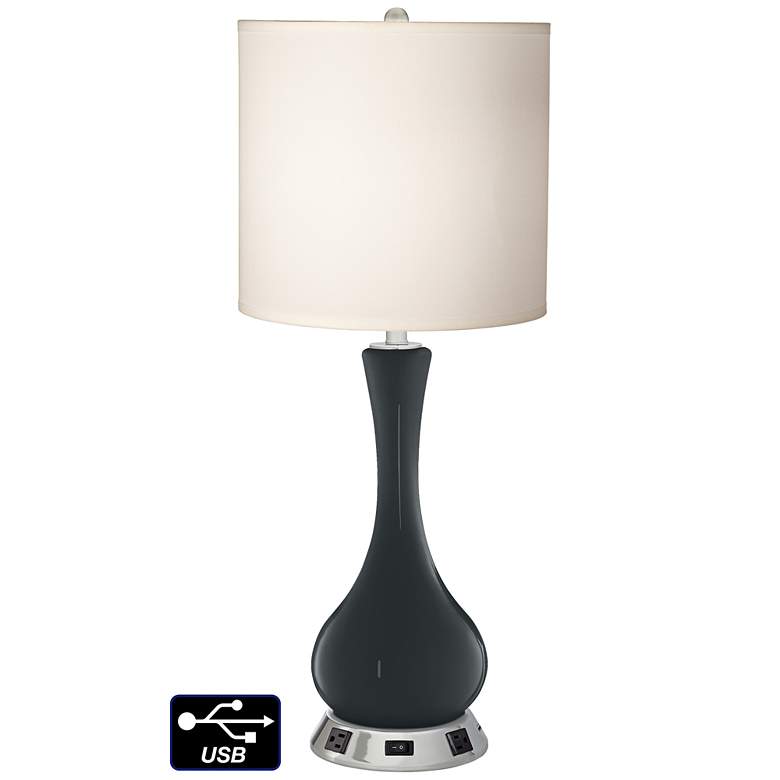 Image 1 White Drum Vase Table Lamp - 2 Outlets and USB in Black of Night