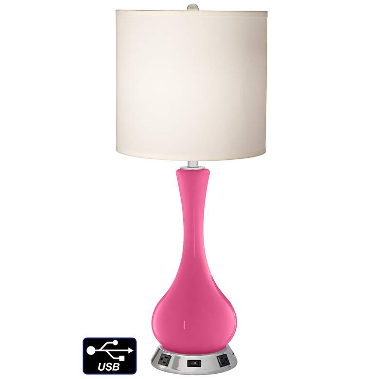 Image 1 White Drum Vase Table Lamp - 2 Outlets and USB in Blossom Pink