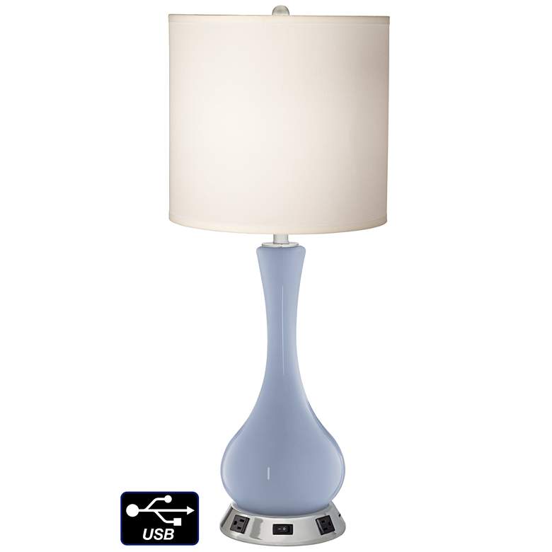 Image 1 White Drum Vase Table Lamp - 2 Outlets and USB in Blue Sky