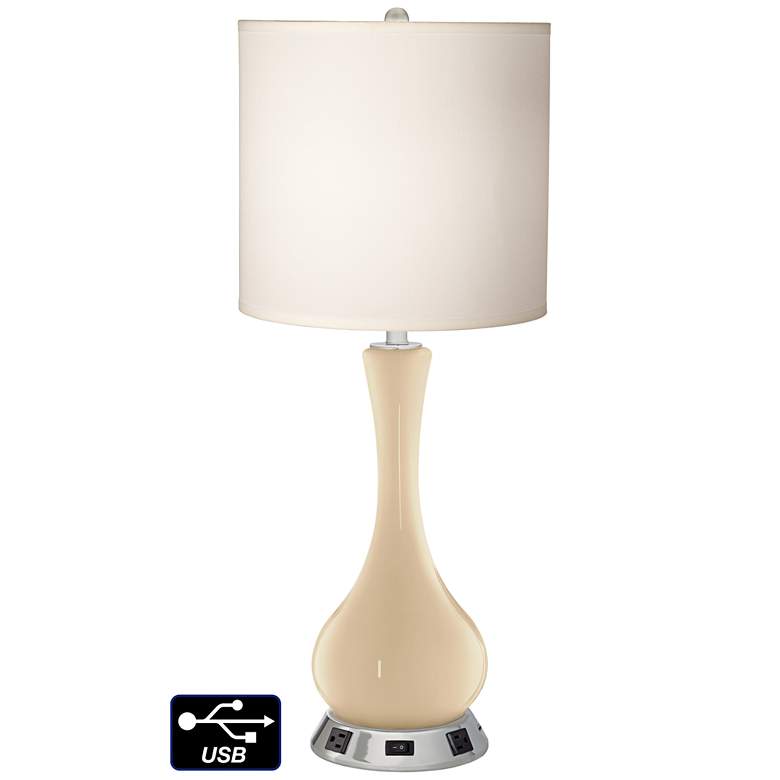 Image 1 White Drum Vase Table Lamp - 2 Outlets and USB in Colonial Tan