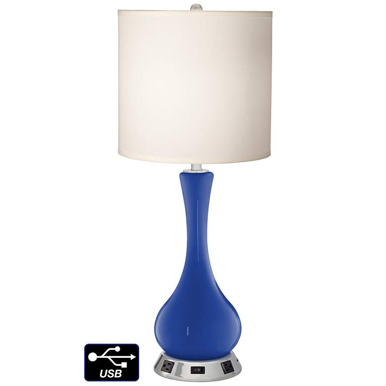 Image 1 White Drum Vase Table Lamp - 2 Outlets and USB in Dazzling Blue