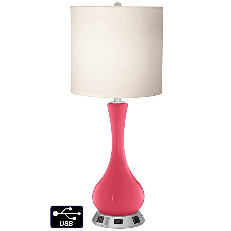 Image 1 White Drum Vase Table Lamp - 2 Outlets and USB in Eros Pink