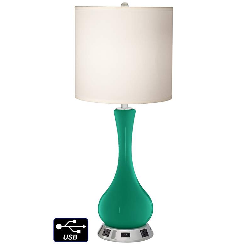 Image 1 White Drum Vase Table Lamp - 2 Outlets and USB in Leaf