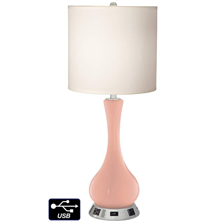 Image 1 White Drum Vase Table Lamp - 2 Outlets and USB in Mellow Coral