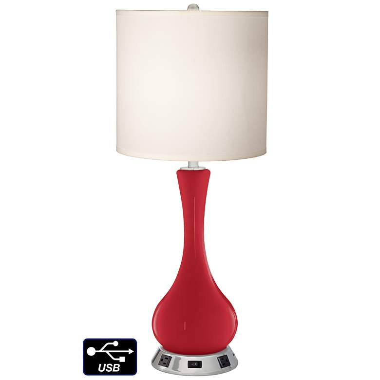 Image 1 White Drum Vase Table Lamp - 2 Outlets and USB in Ribbon Red