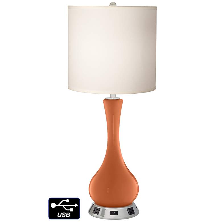 Image 1 White Drum Vase Table Lamp - 2 Outlets and USB in Robust Orange