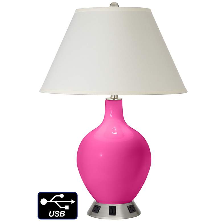 Image 1 White Empire 2-Light Table Lamp - 2 Outlets and USB in Fuchsia