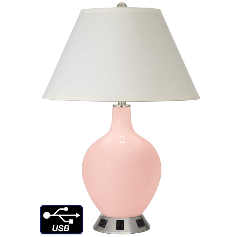 Image 1 White Empire 2-Light Table Lamp - 2 Outlets and USB in Rose Pink