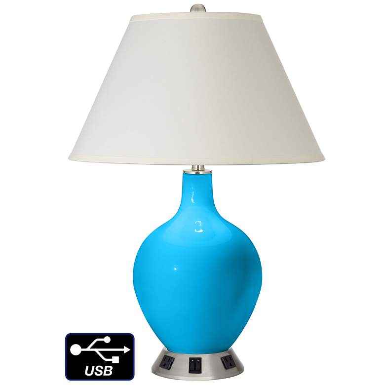 Image 1 White Empire 2-Light Table Lamp - 2 Outlets and USB in Sky Blue