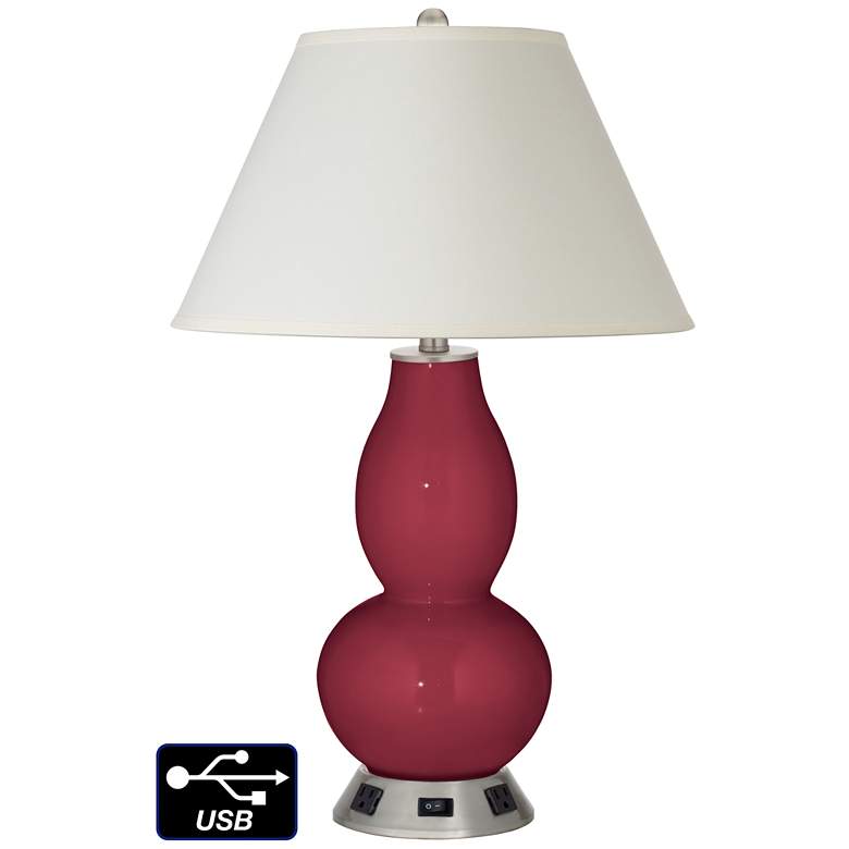 Image 1 White Empire Gourd Table Lamp - 2 Outlets and USB in Antique Red