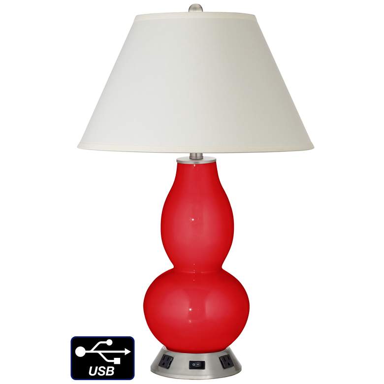 Image 1 White Empire Gourd Table Lamp - 2 Outlets and USB in Bright Red