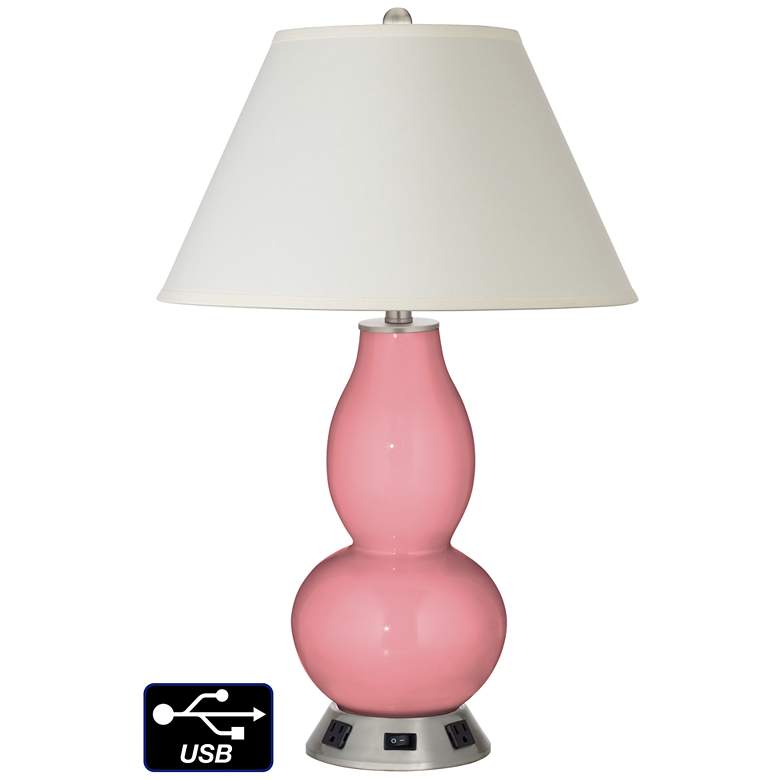 Image 1 White Empire Gourd Table Lamp - 2 Outlets and USB in Haute Pink