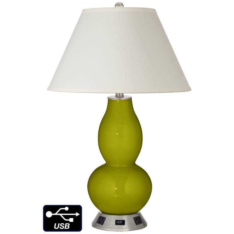 Image 1 White Empire Gourd Table Lamp - 2 Outlets and USB in Olive Green