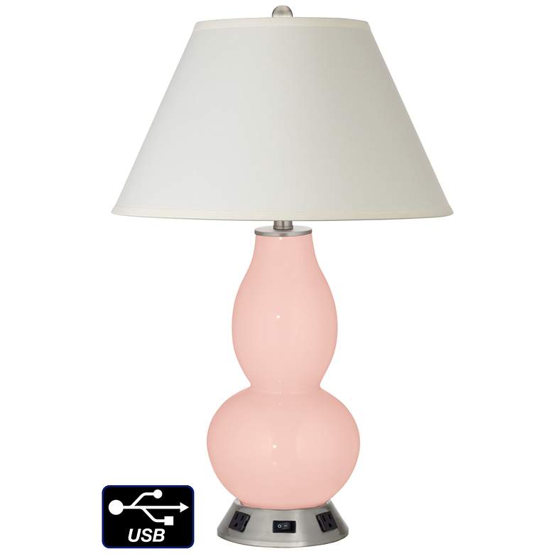 Image 1 White Empire Gourd Table Lamp - 2 Outlets and USB in Rose Pink