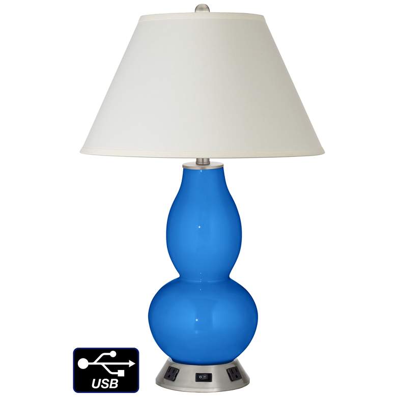 Image 1 White Empire Gourd Table Lamp - 2 Outlets and USB in Royal Blue