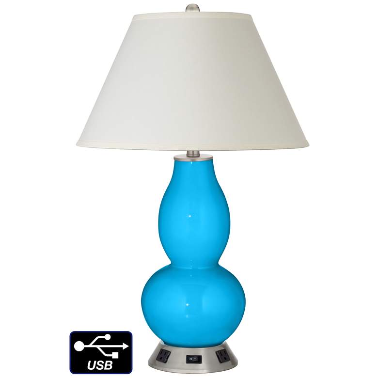 Image 1 White Empire Gourd Table Lamp - 2 Outlets and USB in Sky Blue