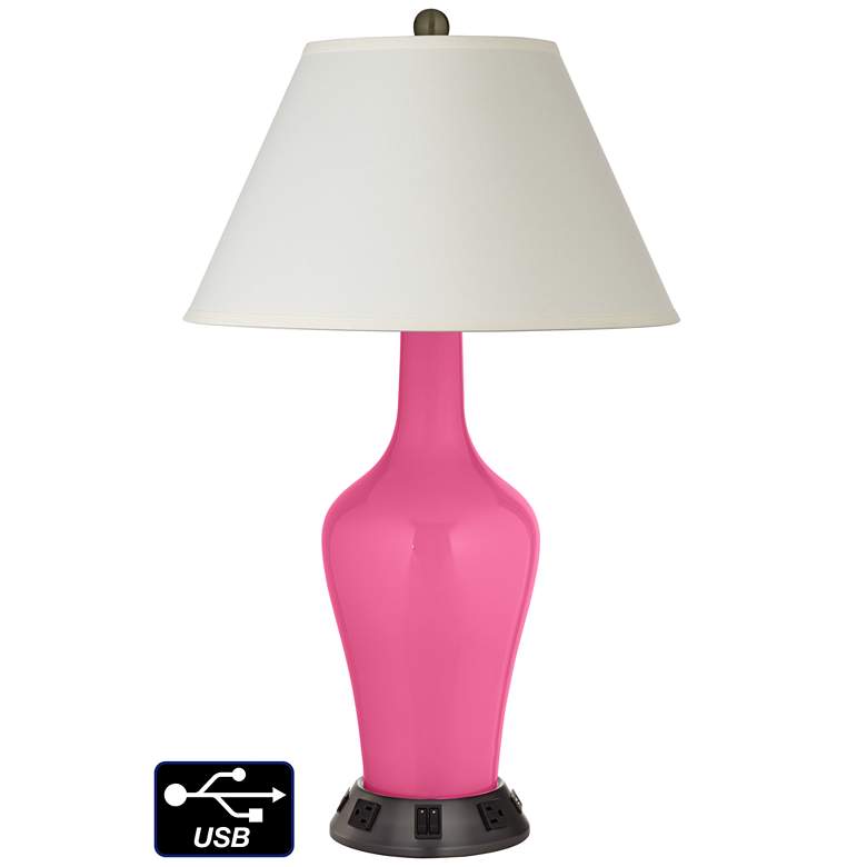 Image 1 White Empire Jug Lamp - 2 Outlets and 2 USBs in Blossom Pink