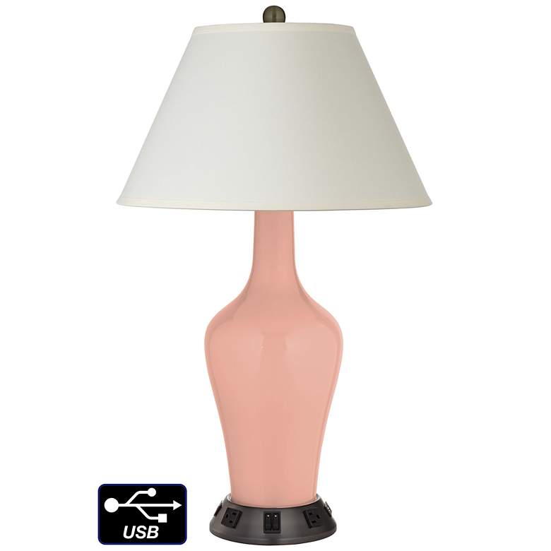 Image 1 White Empire Jug Lamp - 2 Outlets and 2 USBs in Mellow Coral