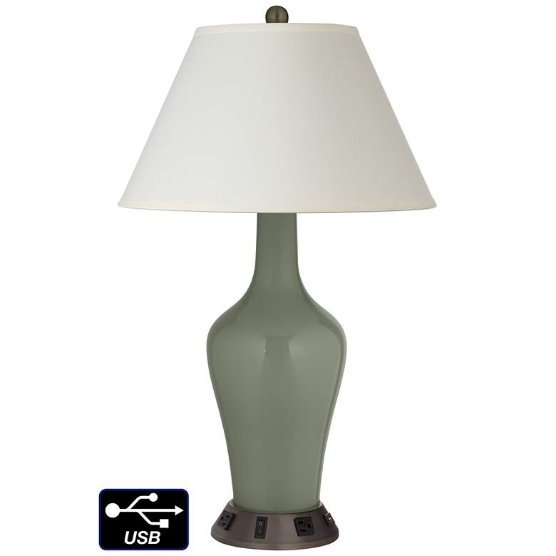 Image 1 White Empire Jug Lamp - 2 Outlets and USB in Deep Lichen Green