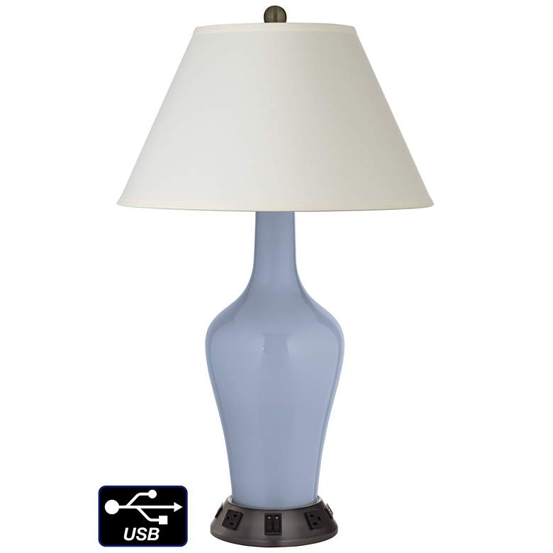 Image 1 White Empire Jug Table Lamp - 2 Outlets and 2 USBs in Blue Sky