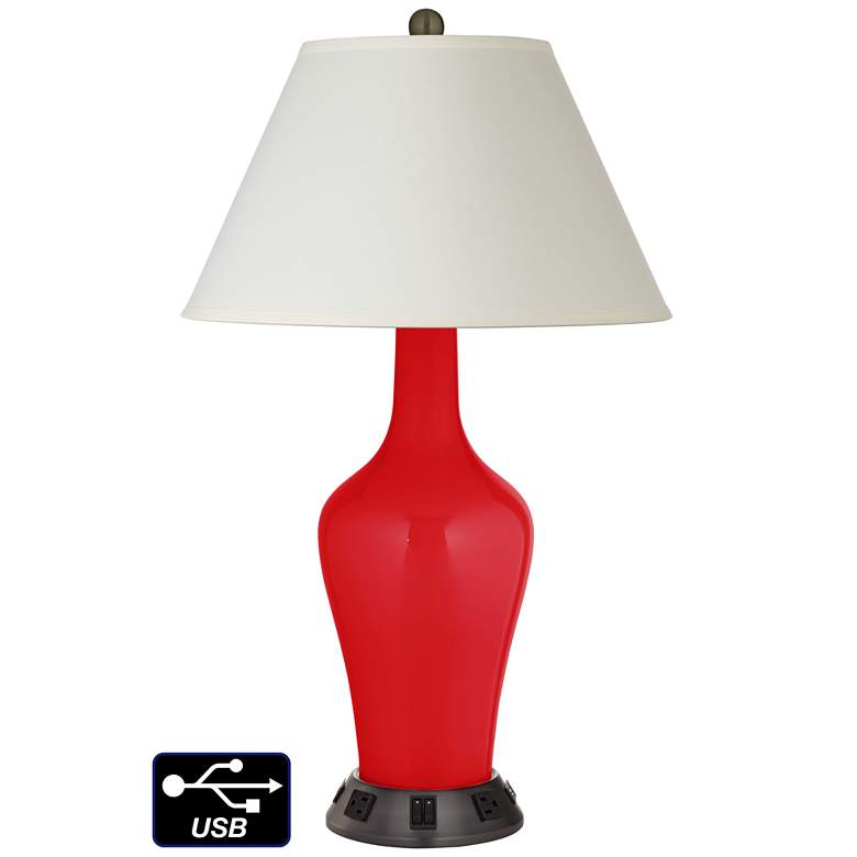 Image 1 White Empire Jug Table Lamp - 2 Outlets and 2 USBs in Bright Red