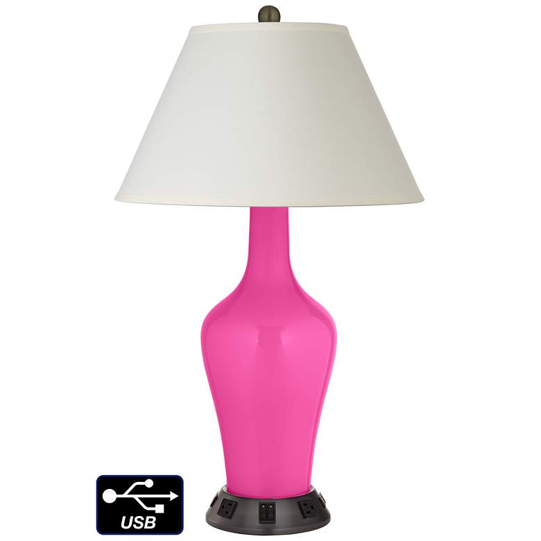 Image 1 White Empire Jug Table Lamp - 2 Outlets and 2 USBs in Fuchsia