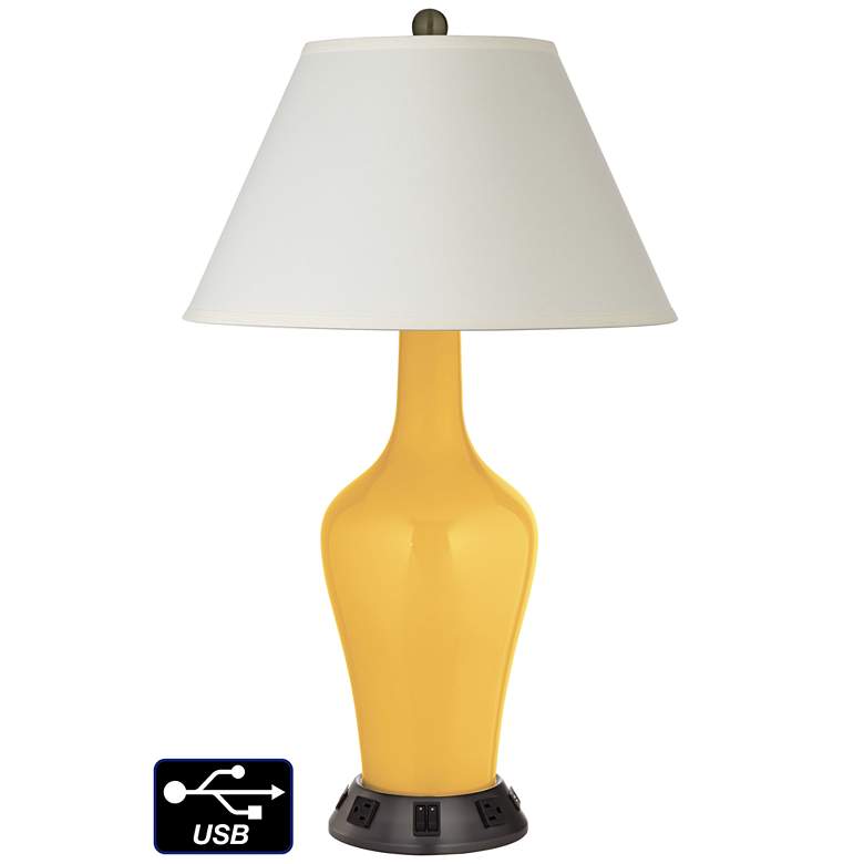 Image 1 White Empire Jug Table Lamp - 2 Outlets and 2 USBs in Goldenrod